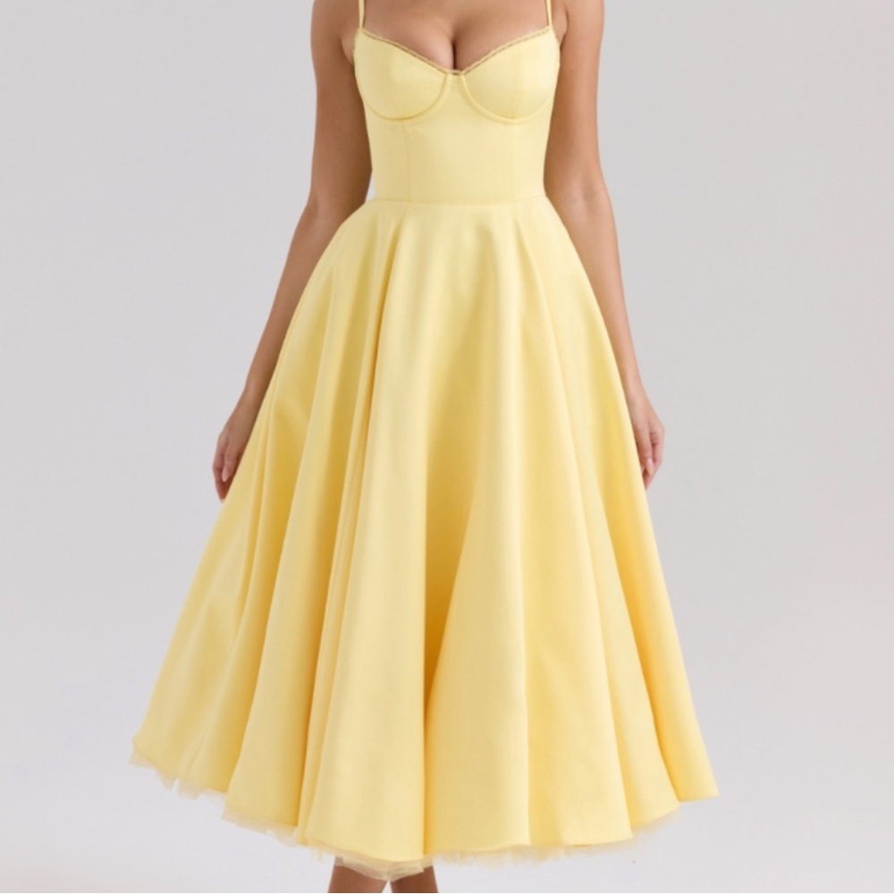 House of CB Yellow Mademoiselle Bustier Stretch Satin Midi Cocktail Dress